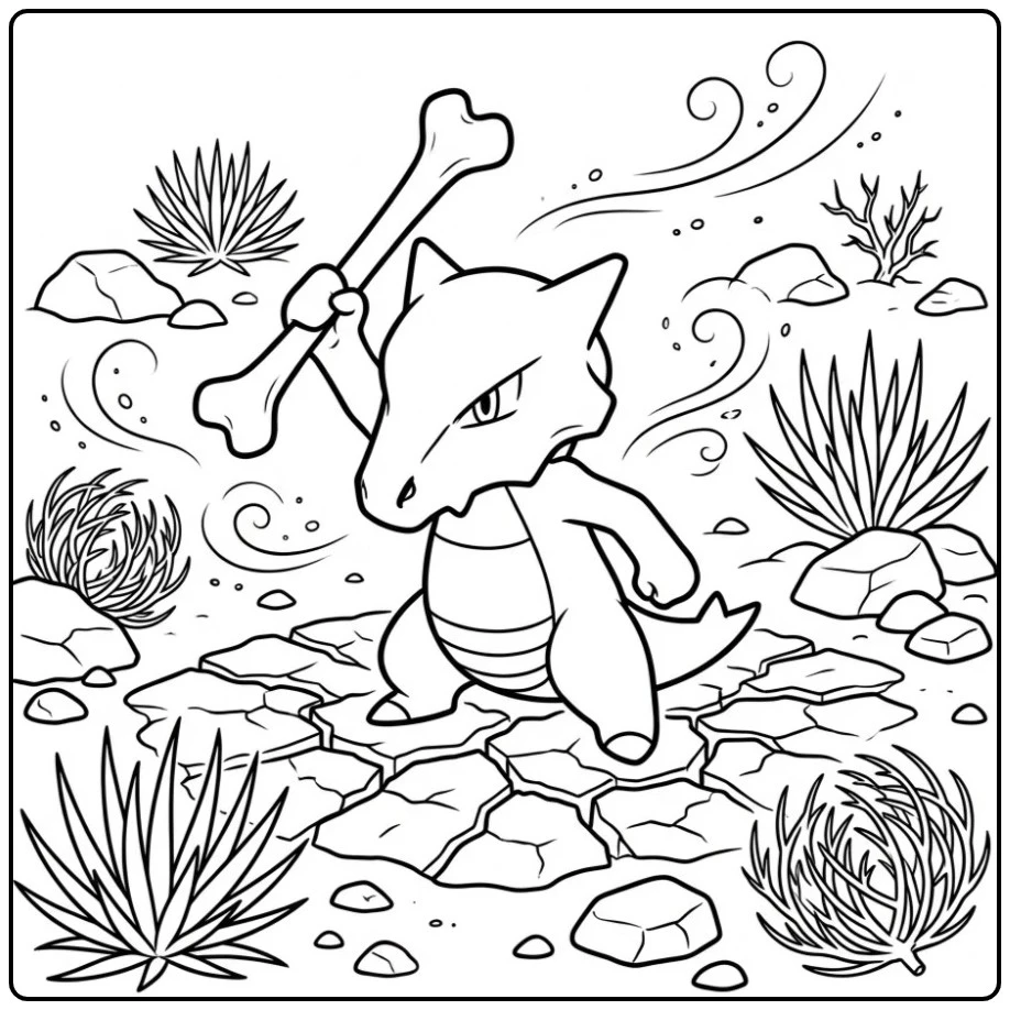 Stoere Pokemon Marowak kleurplaat in een woestijn.