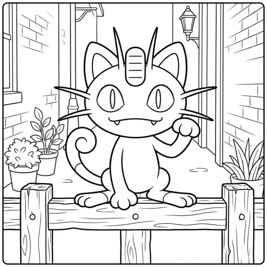 Leuke Pokemon Meowth kleurplaat op een houten hek.