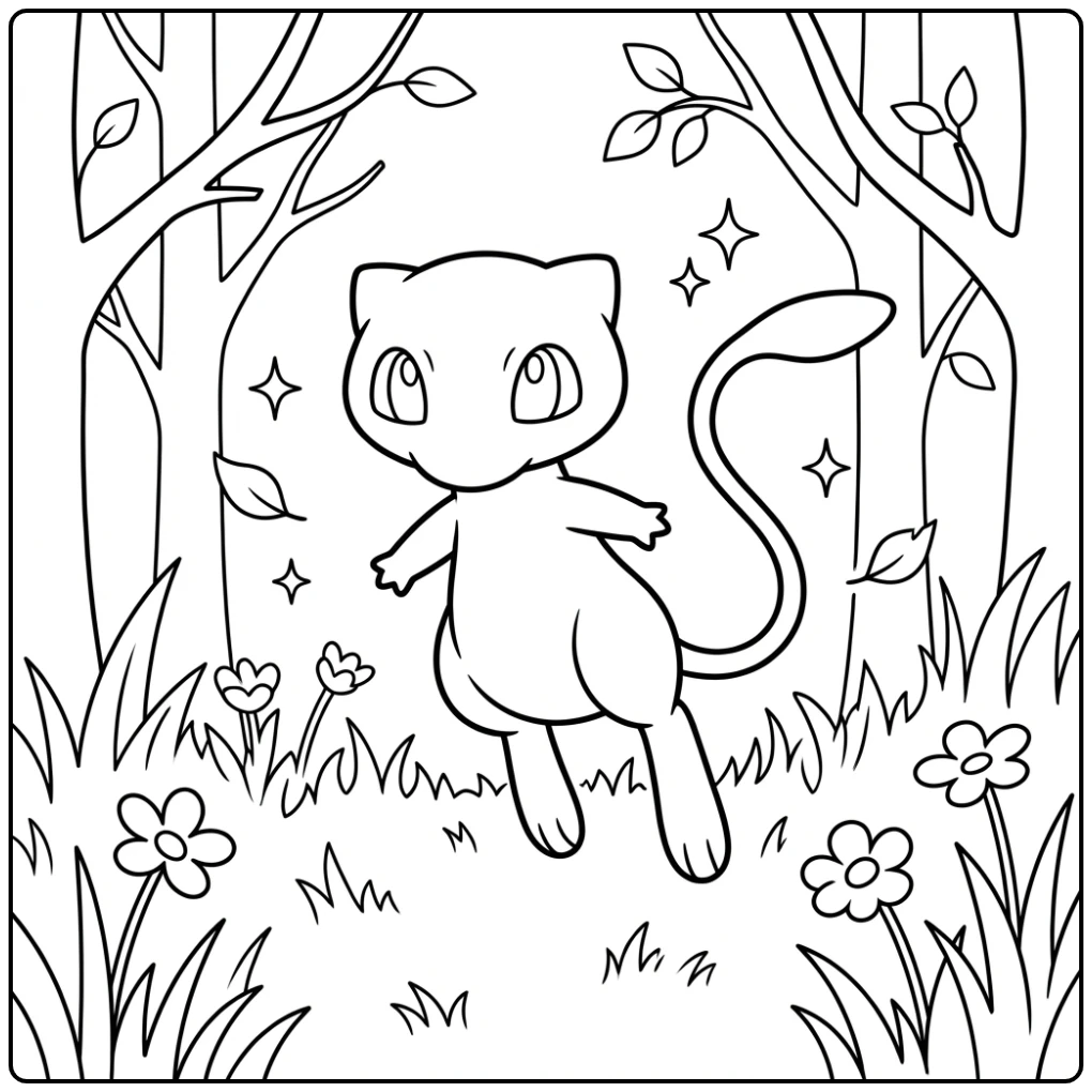 Schattige Pokemon Mew kleurplaat in een rustig bos.
