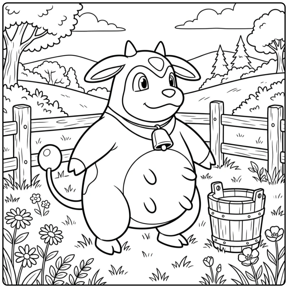 Pokemon Miltank kleurplaat op een rustige boerderij.