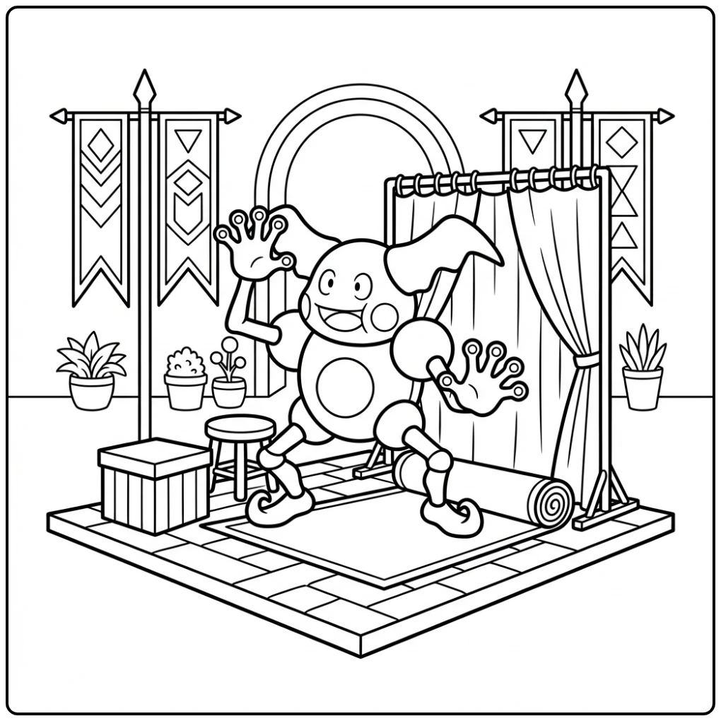 Speelse Pokemon Mr. Mime kleurplaat op een stadsplein.