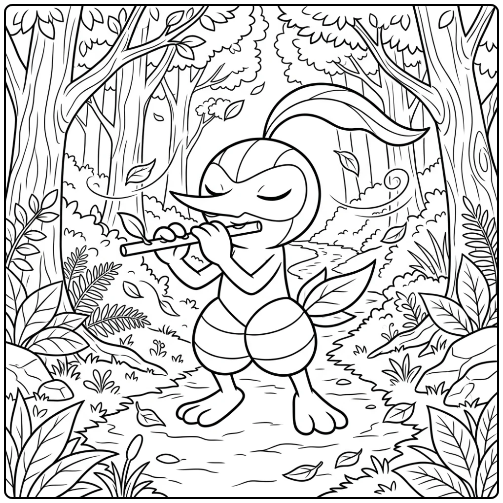 Mooie Pokemon Nuzleaf kleurplaat in het bos met bladeren.