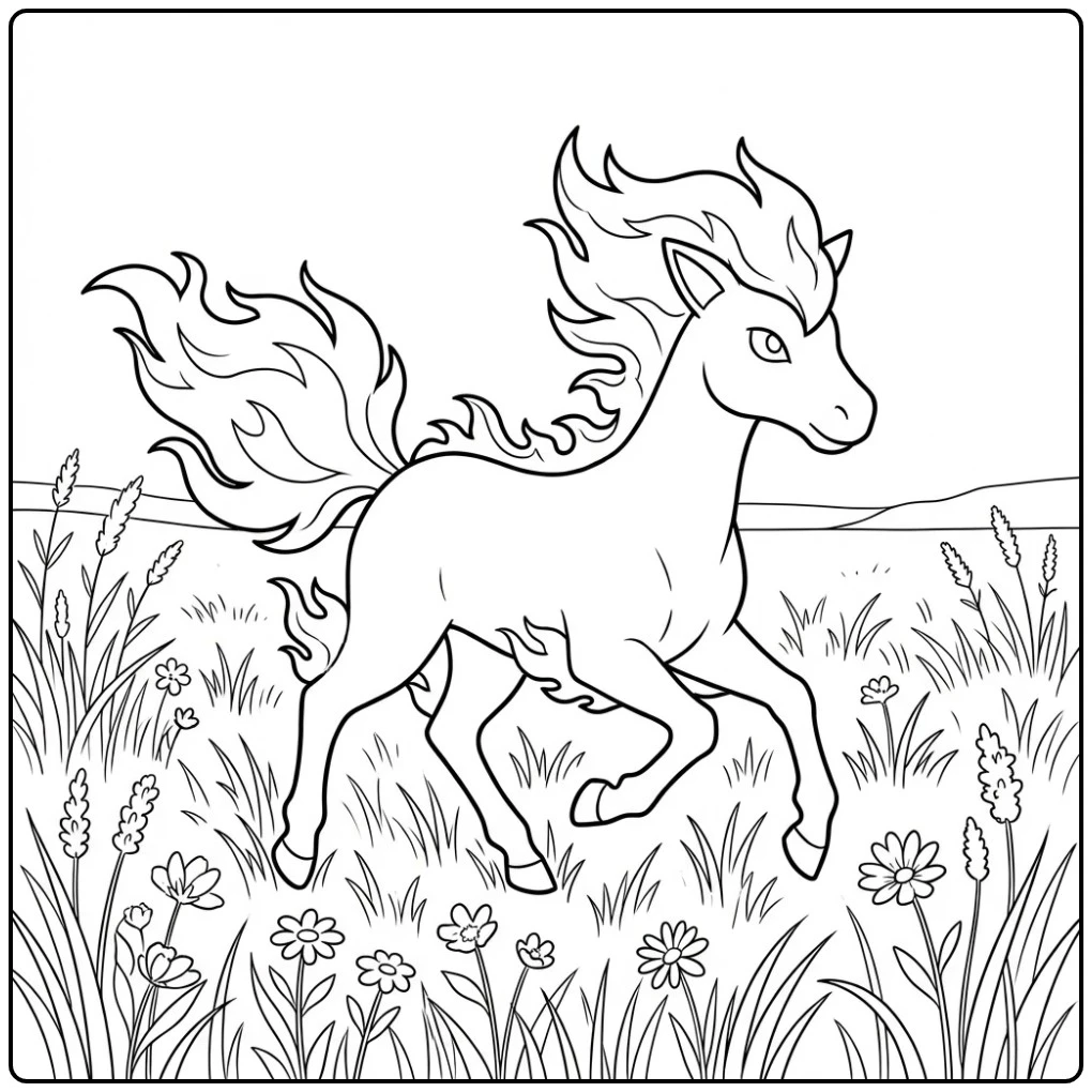 Mooie Pokemon Ponyta kleurplaat in een veld met bloemen.