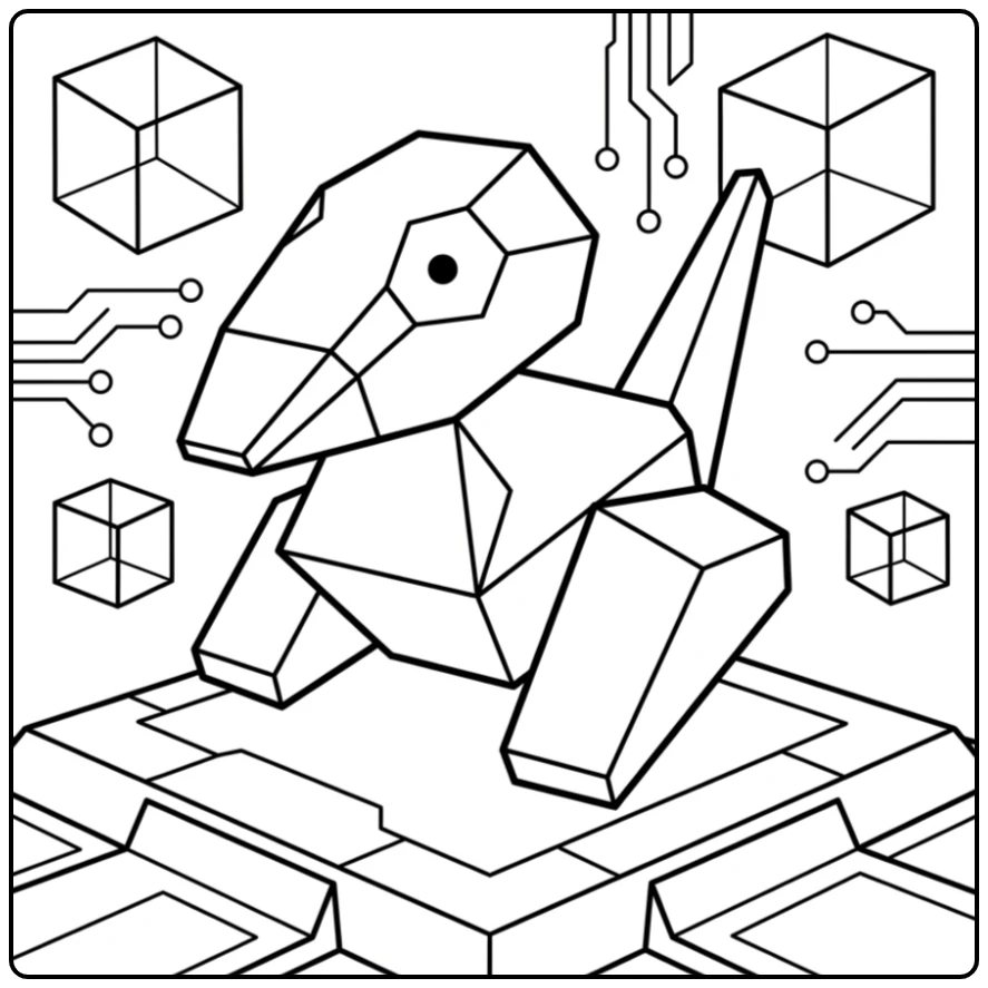 Digitale Pokemon Porygon kleurplaat in een lab.