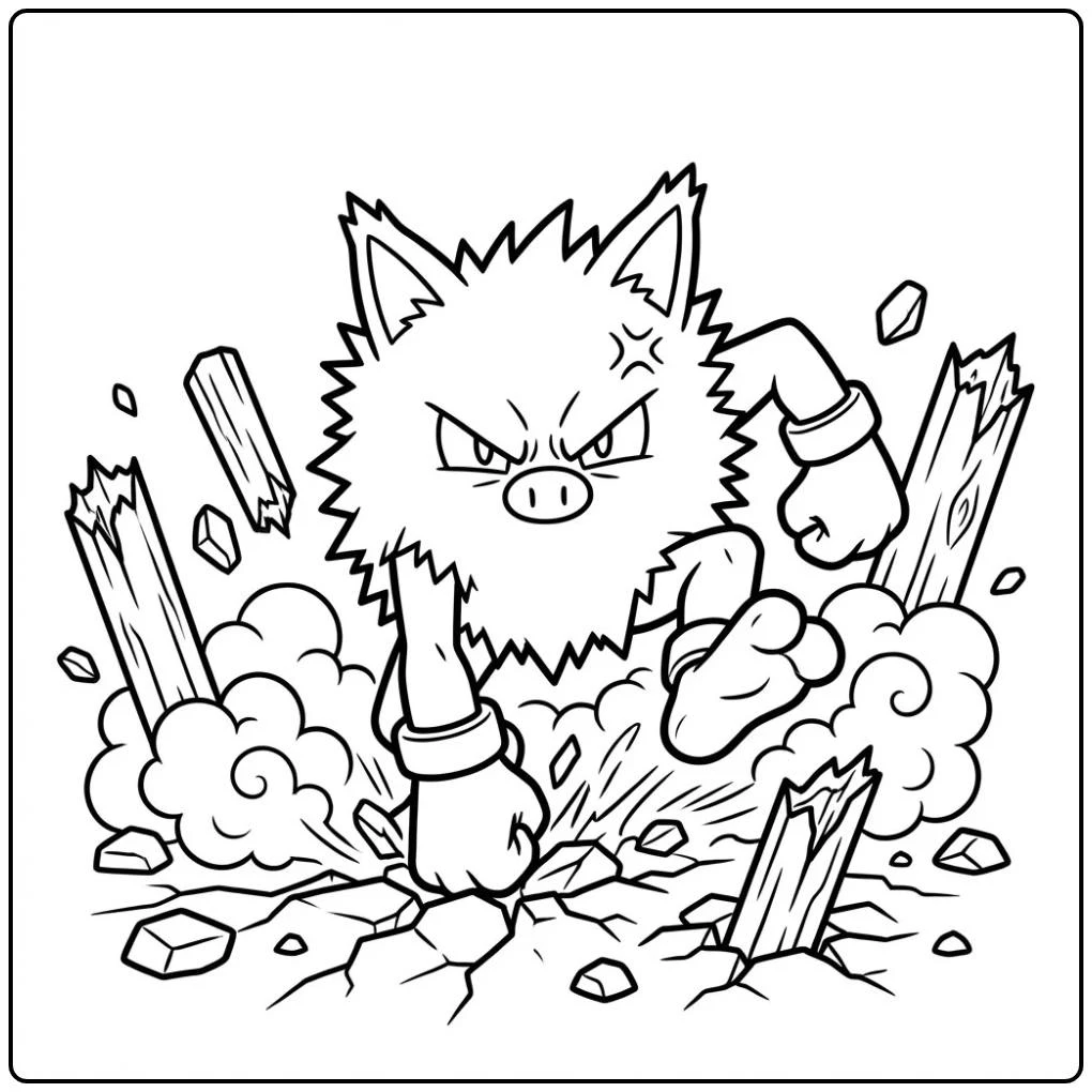 Stoere Pokemon Primeape kleurplaat stampend op de rotsen.