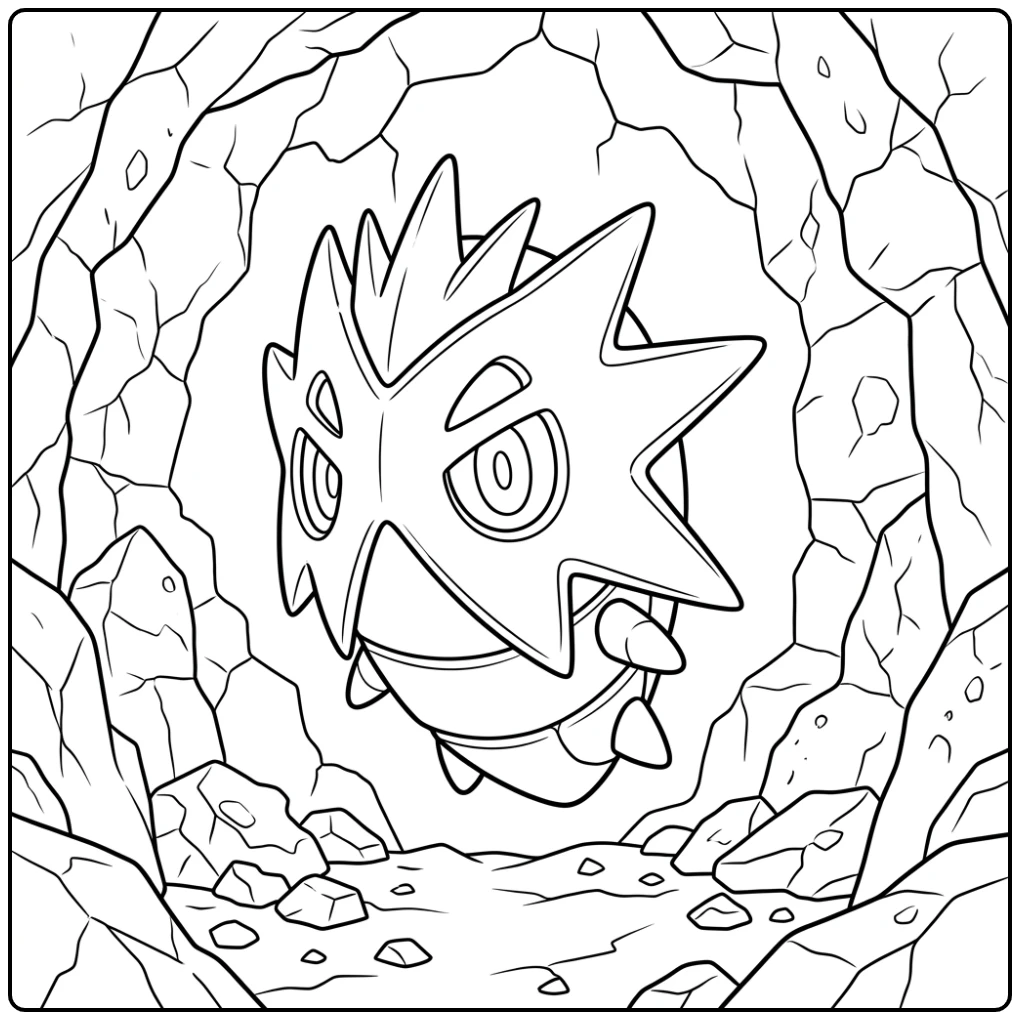 Prachtige Pokemon Pupitar kleurplaat tussen rotsen.