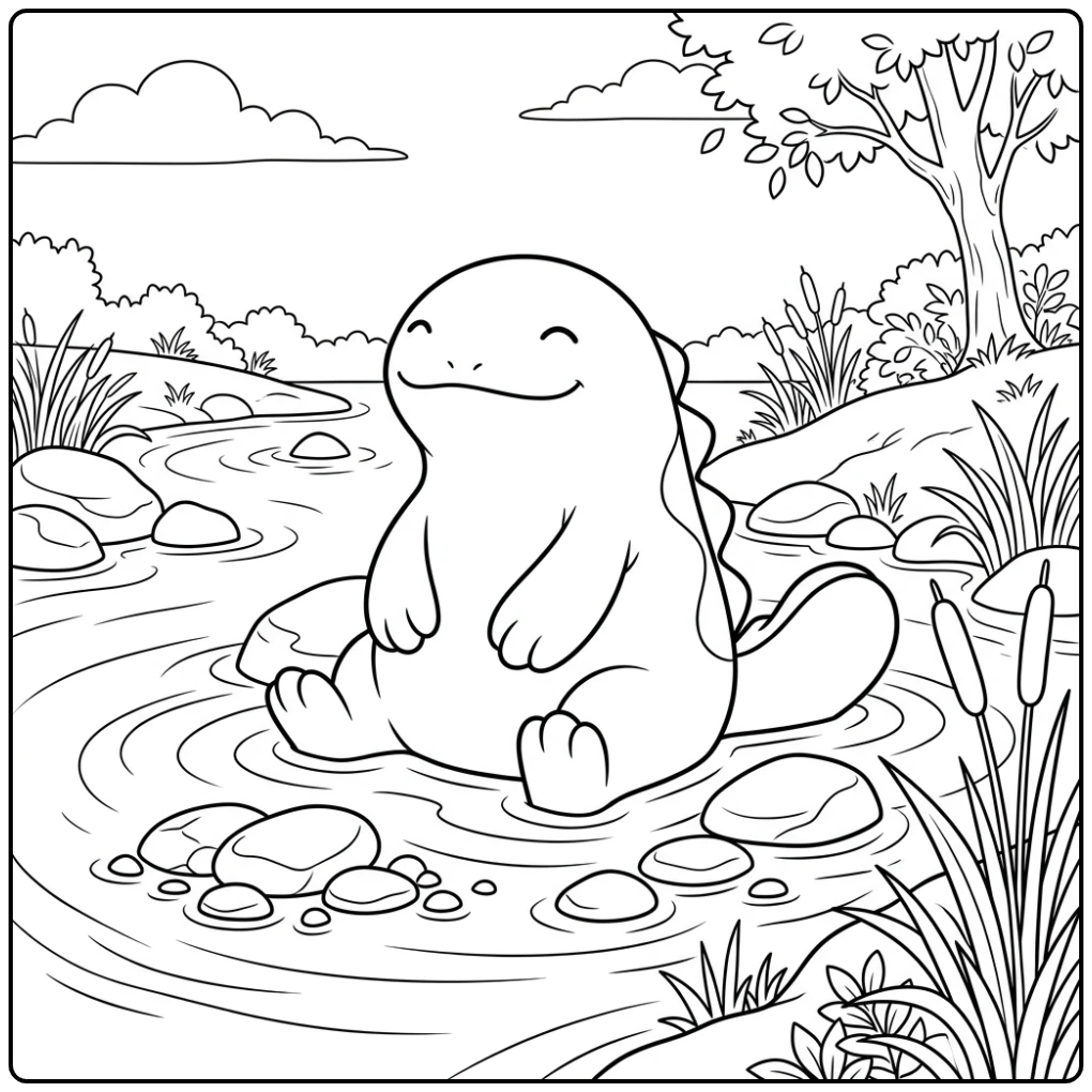 Ontspannende Pokemon Quagsire kleurplaat bij de rivier.