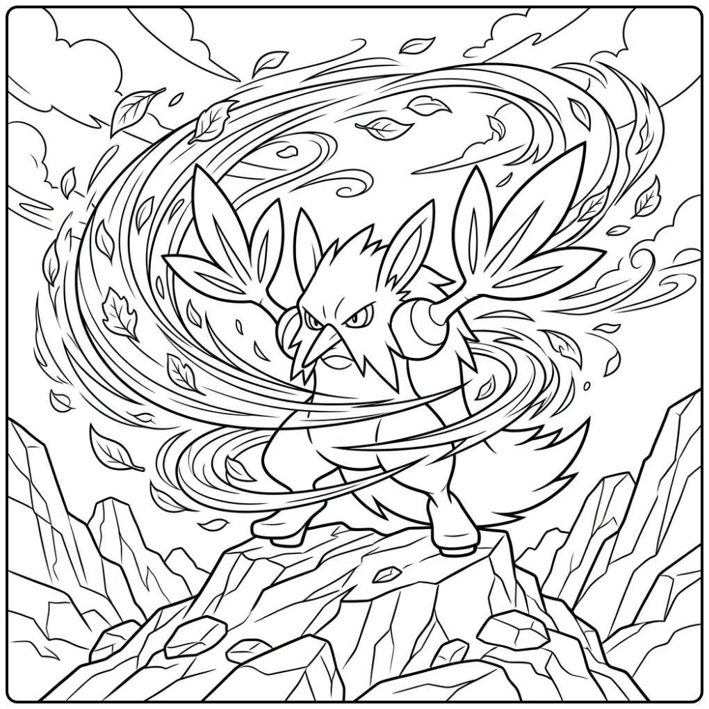 Actievolle Pokemon Shiftry kleurplaat met bladeren en wind.