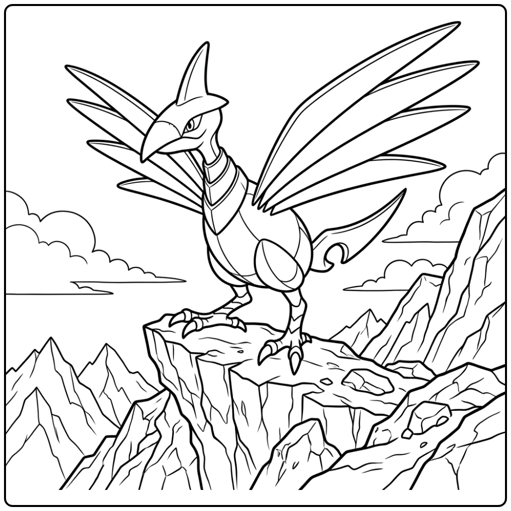 Pokemon Skarmory kleurplaat van Skarmory op een steile klif.