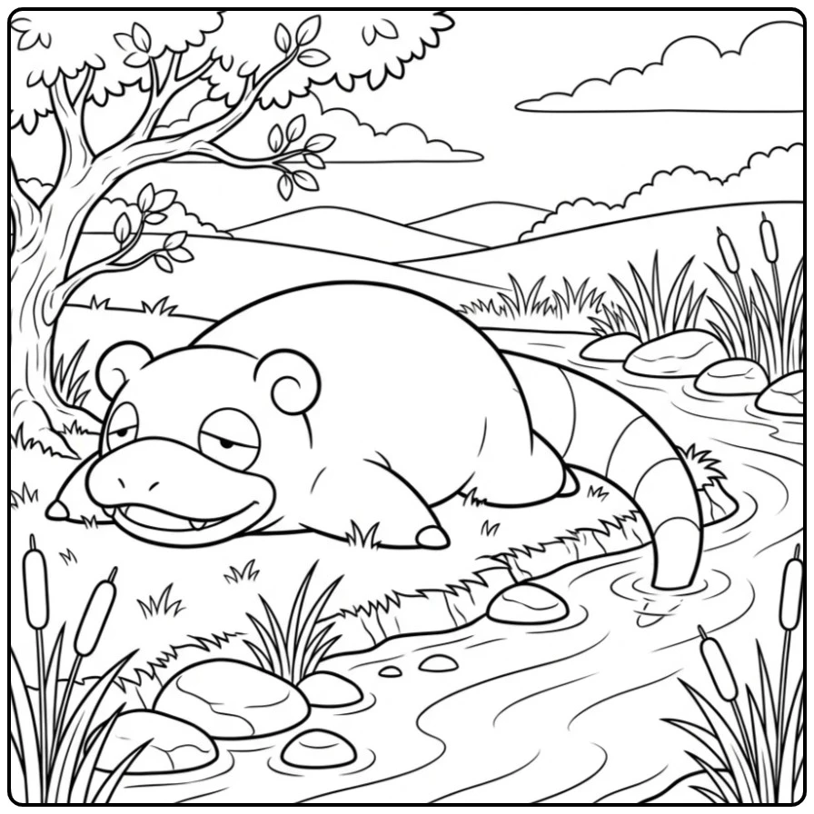 Ontspannende Pokemon Slowpoke kleurplaat bij de rivieroever.