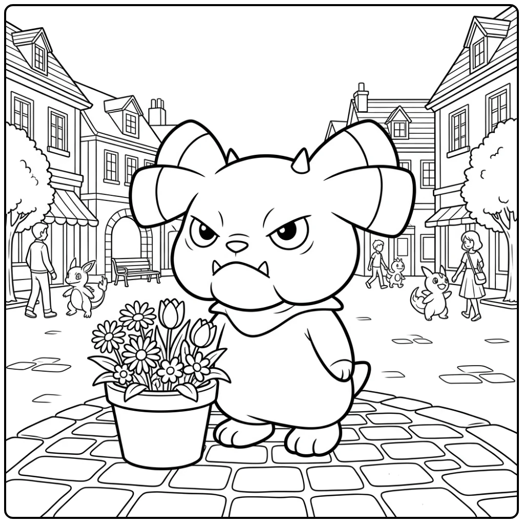 Leuke Pokemon Snubbull kleurplaat op een stadsplein.