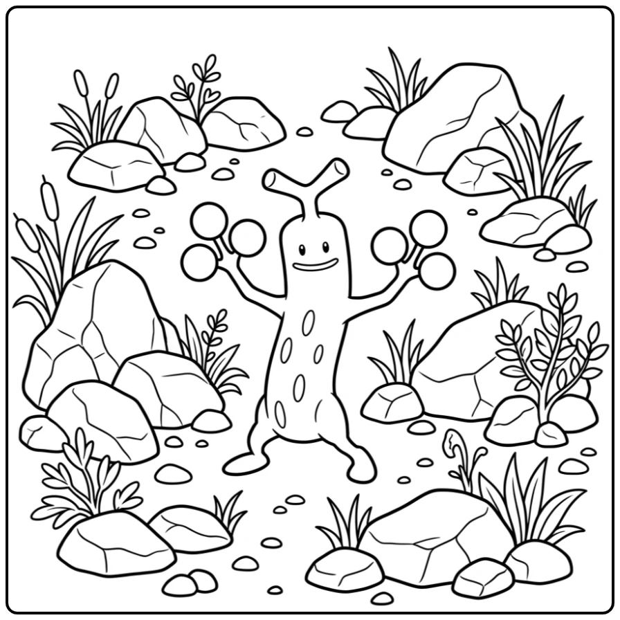 Leuke Pokemon Sudowoodo kleurplaat op een rotsachtig pad.
