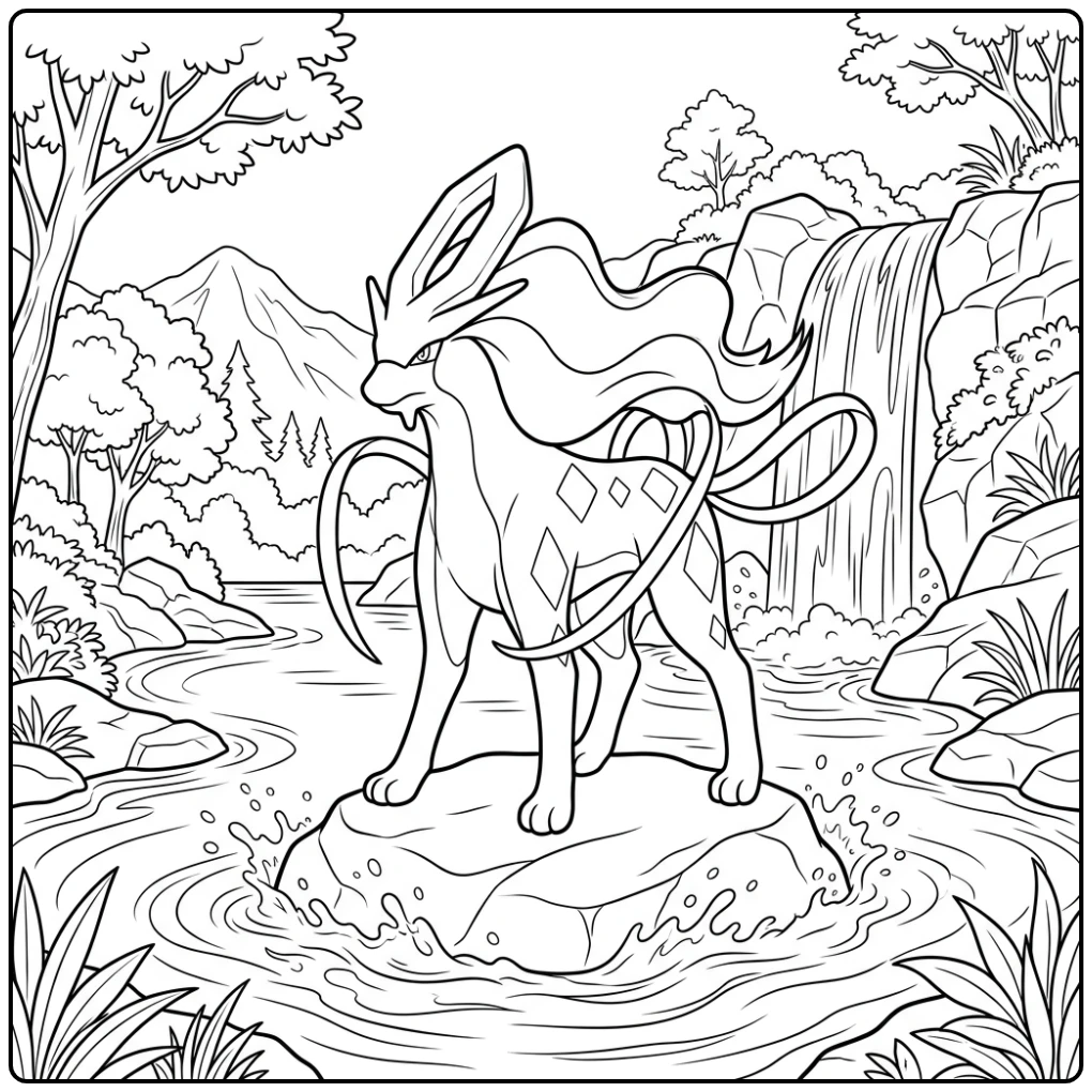 Prachtige Pokemon Suicune kleurplaat bij een waterval.