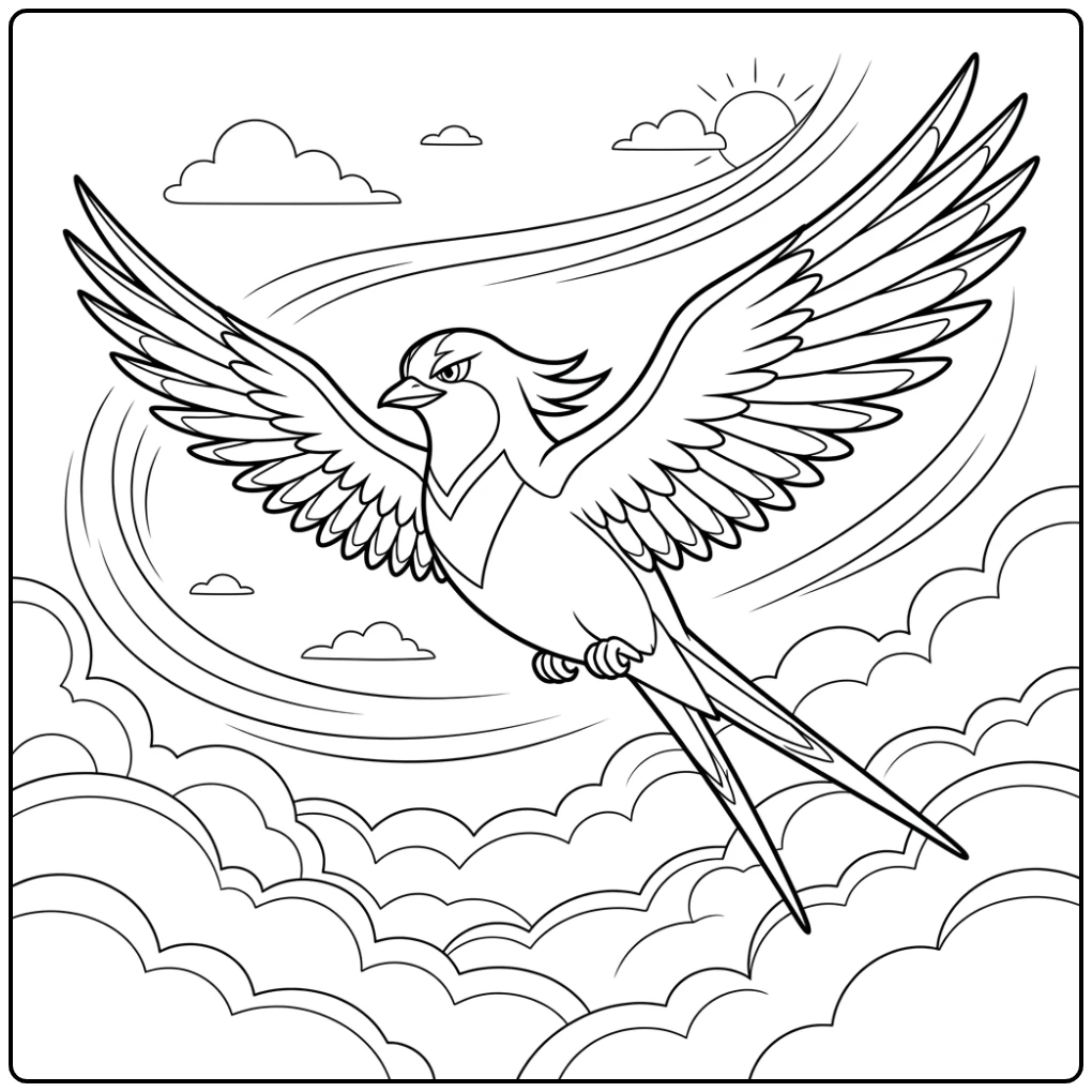Pokemon Swellow kleurplaat van een sierlijk vliegende vogel.