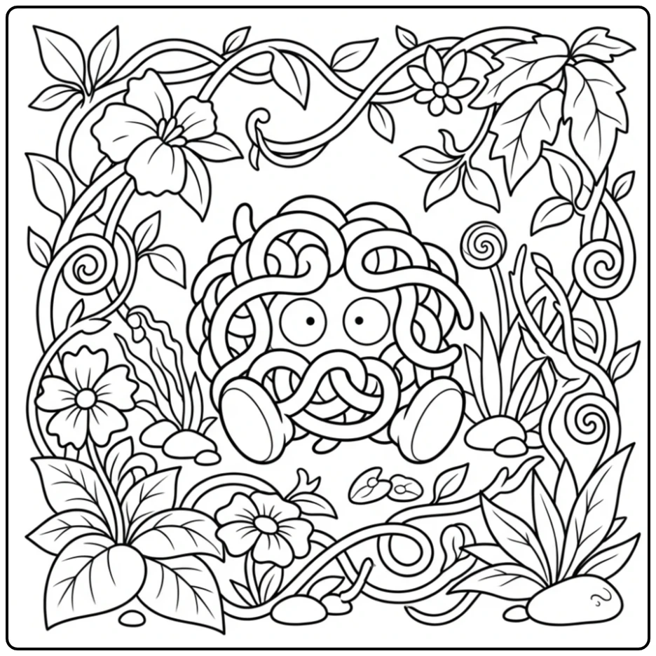 Mooie Pokemon Tangela kleurplaat in een wilde tuin.