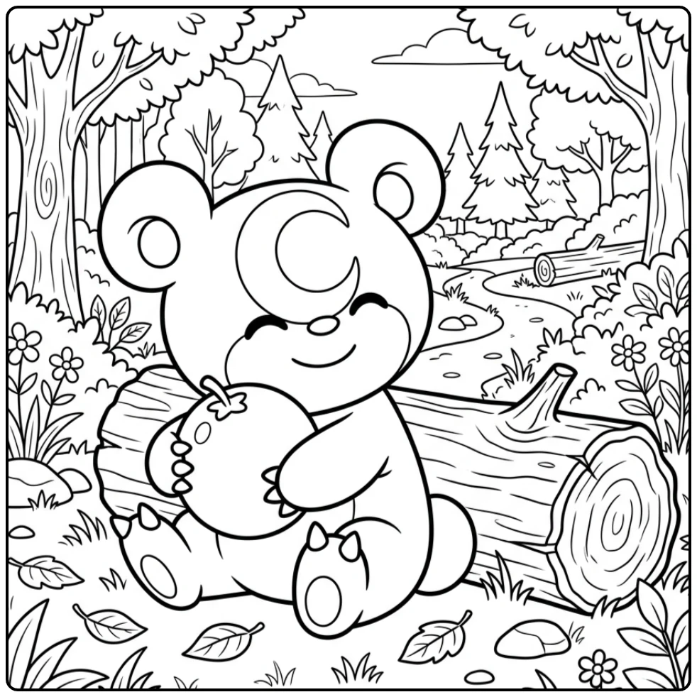 Schattige Pokemon Teddiursa kleurplaat met een besje in bos.