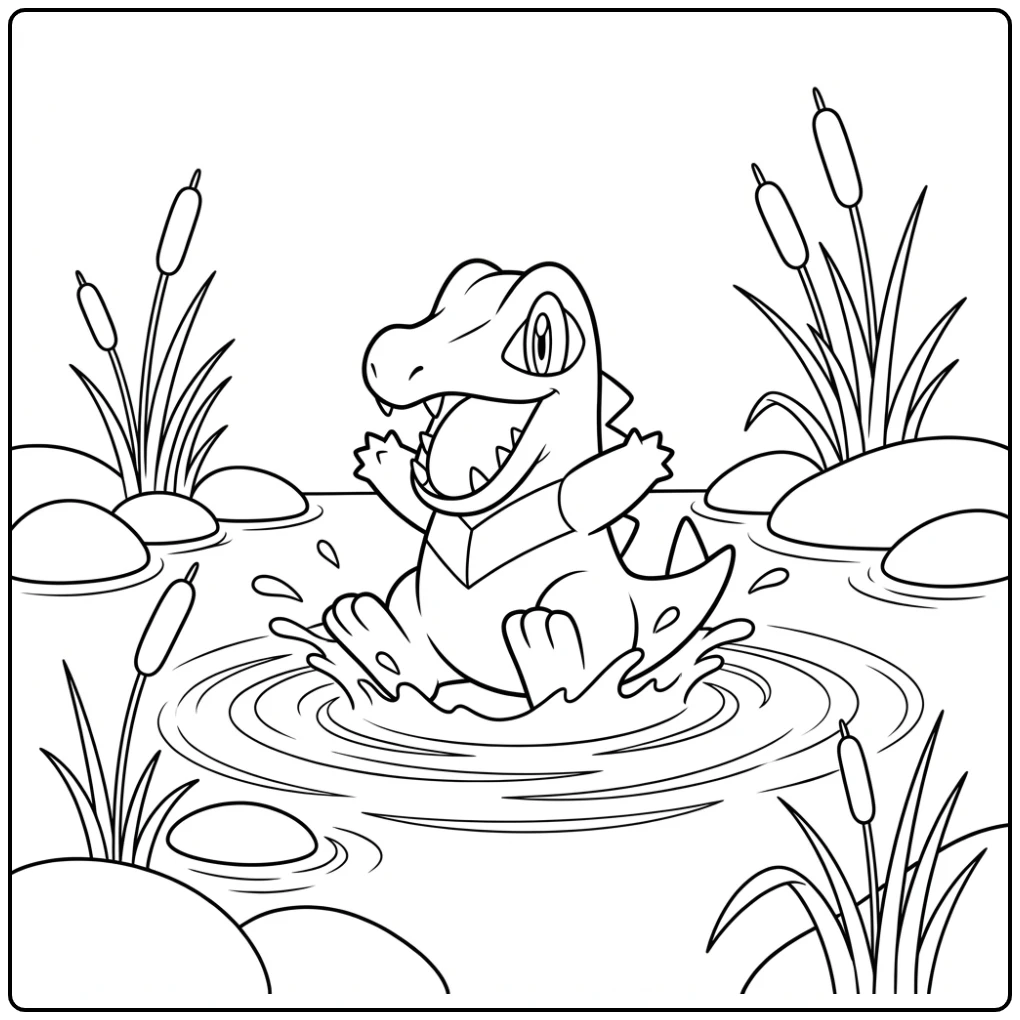 Vrolijke Pokemon Totodile kleurplaat bij de rivier.