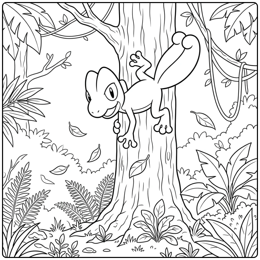 Leuke Pokemon Treecko kleurplaat in een tropische jungle.