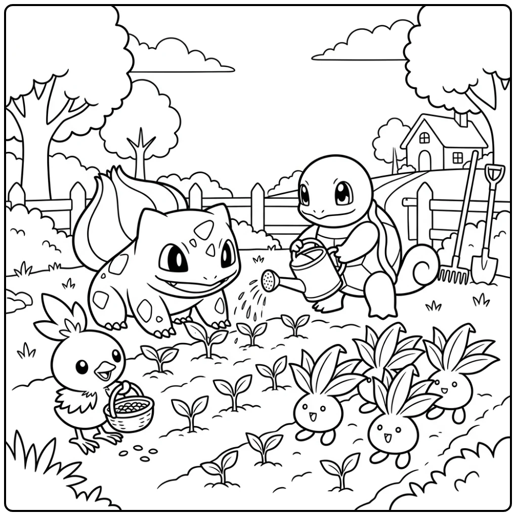 Leuke bulbasaur kleurplaat met vrienden in de tuin.