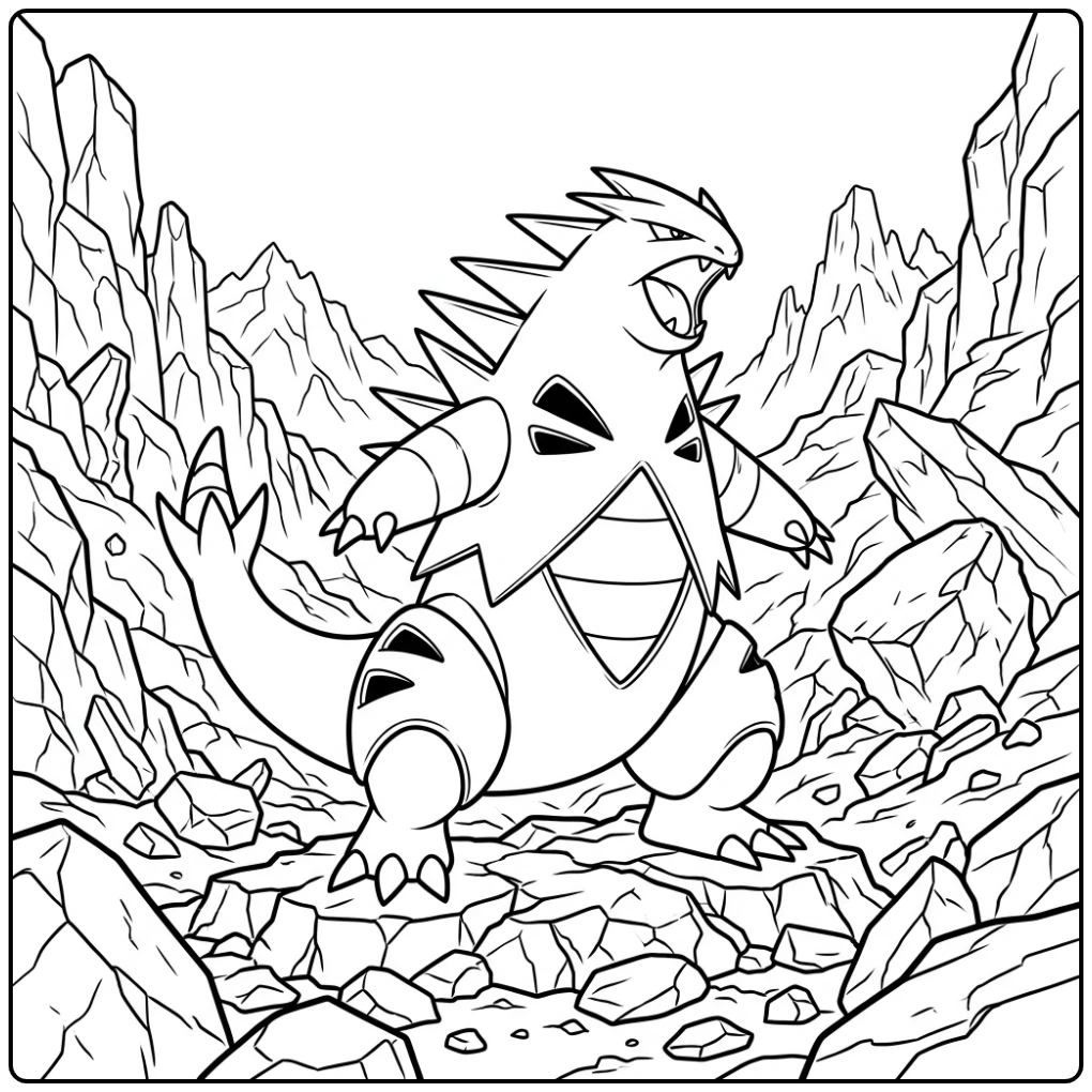 Stoere Pokemon Tyranitar kleurplaat in de bergen.