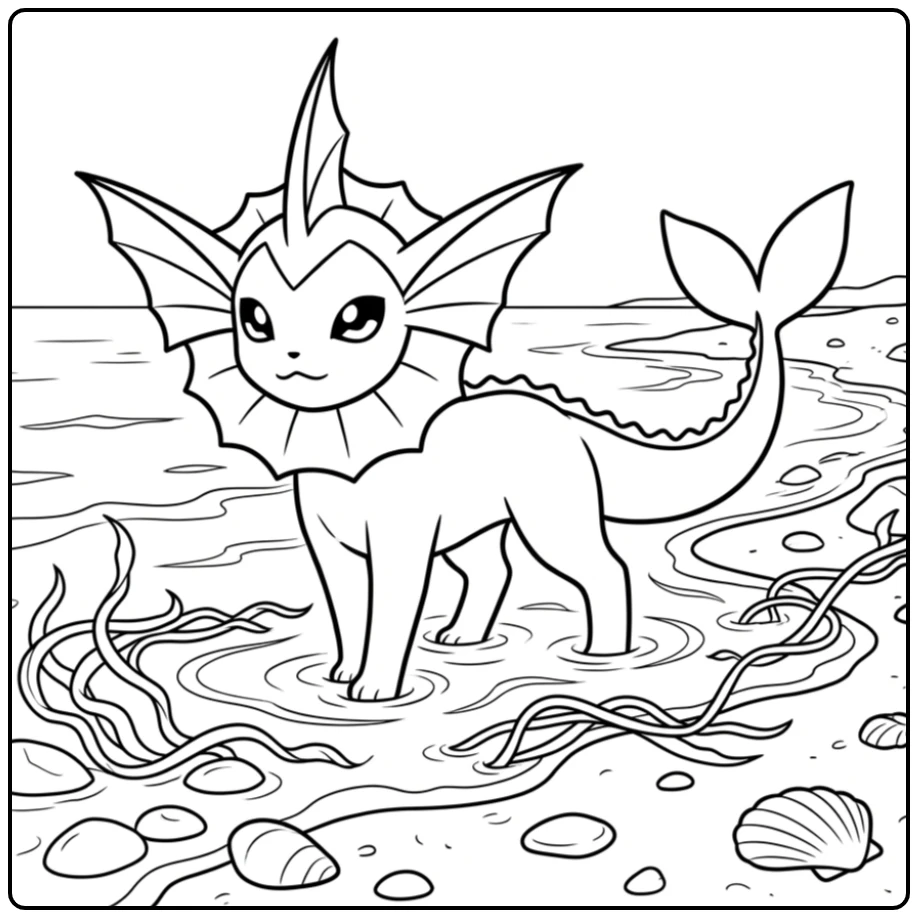 Mooie Pokemon Vaporeon kleurplaat op het strand in het water.