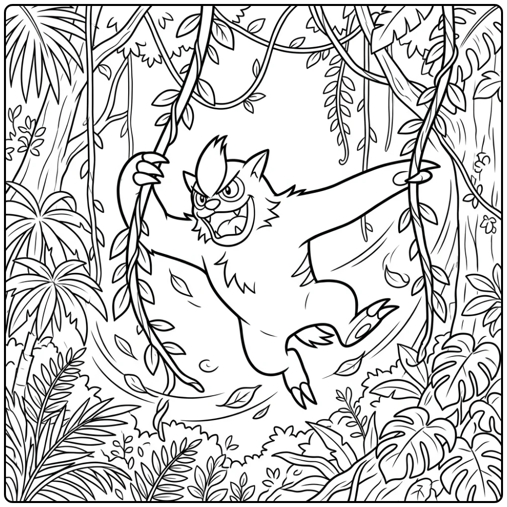 Leuke Pokemon Vigoroth kleurplaat in de jungle.