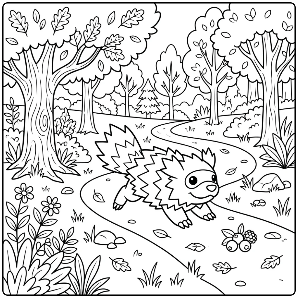 Leuke Pokemon Zigzagoon kleurplaat op een bospad.