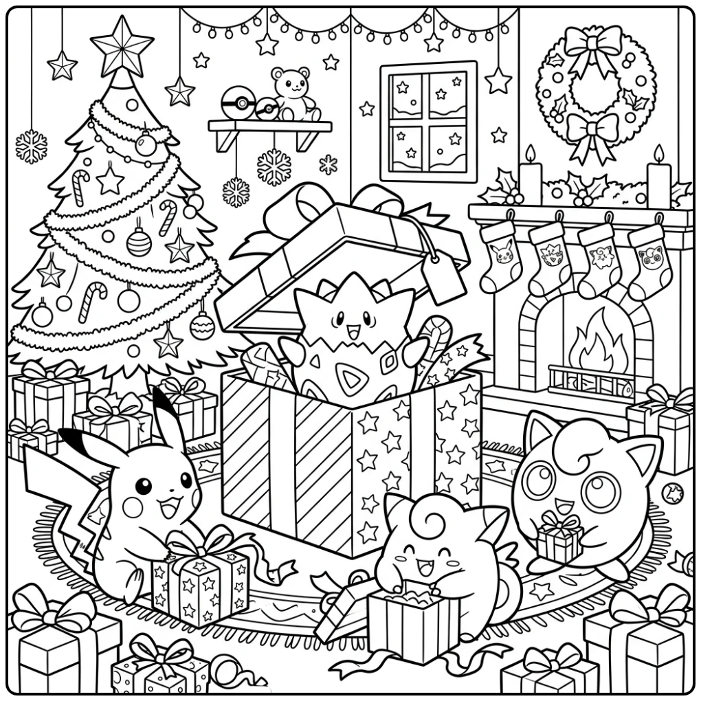 Leuke pokemon kerst kleurplaat: Togepi in cadeau met vriendjes
