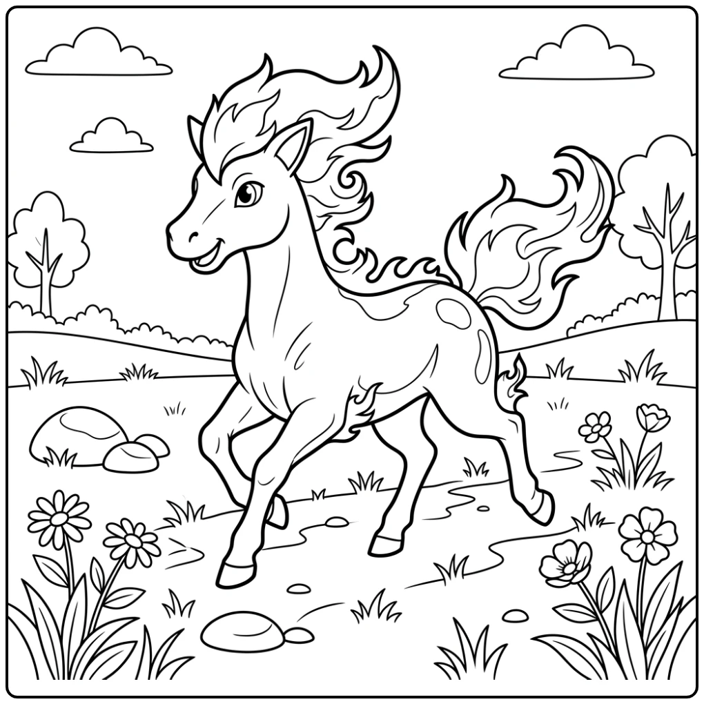 Vrolijke Ponyta pokemon kleurplaat in grasveld met bloemen.