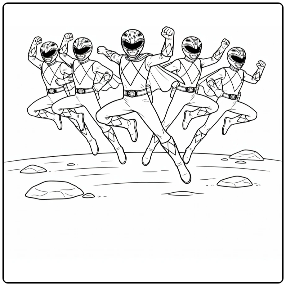 Power Rangers kleurplaat: team springt in gevechtspose