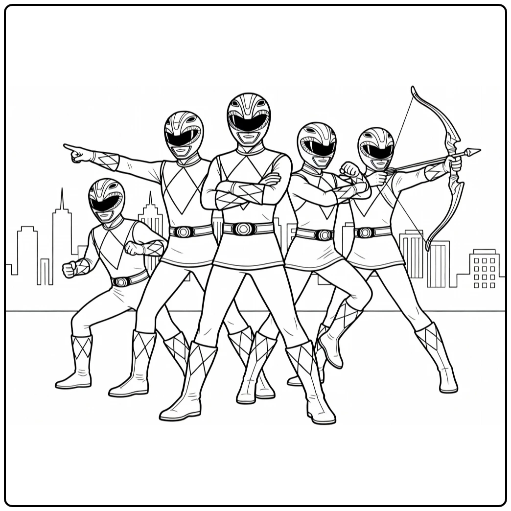 Power Rangers kleurplaat: team in heroïsche groepspose