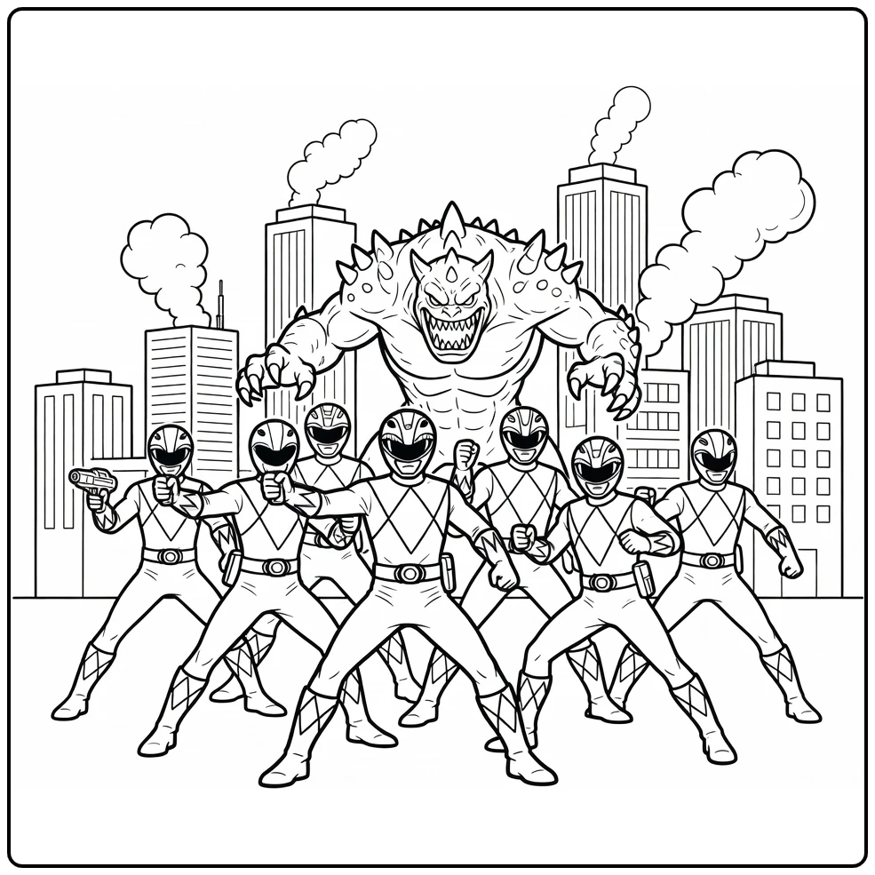 Power Rangers kleurplaat: team verdedigt stad tegen monster
