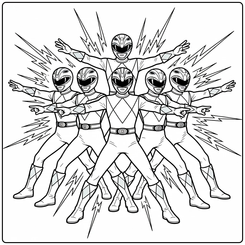 Power Rangers kleurplaat: team in morphing pose