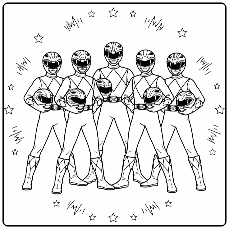 Power Rangers kleurplaat: team in cirkel met helmen en sterren