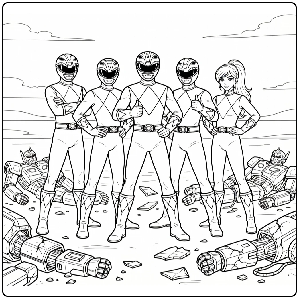 Power Rangers kleurplaat: team viert victorie met robotpuin