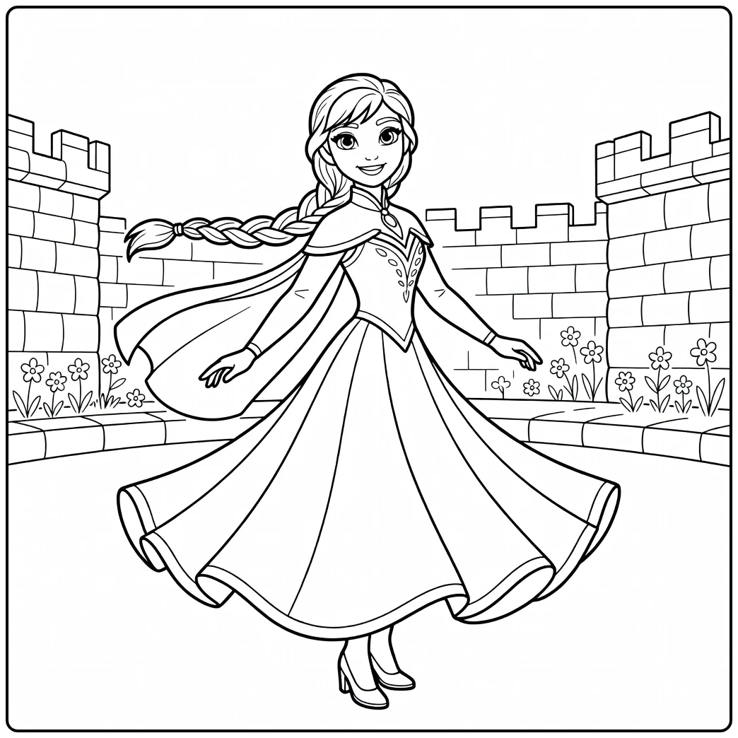 Vrolijk ronddraaiende anna kleurplaat in de kasteeltuin.