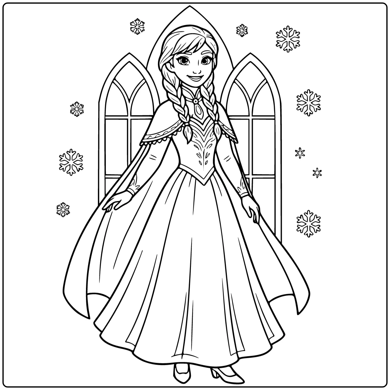 Mooie anna kleurplaat in een sierlijke koninklijke jurk.