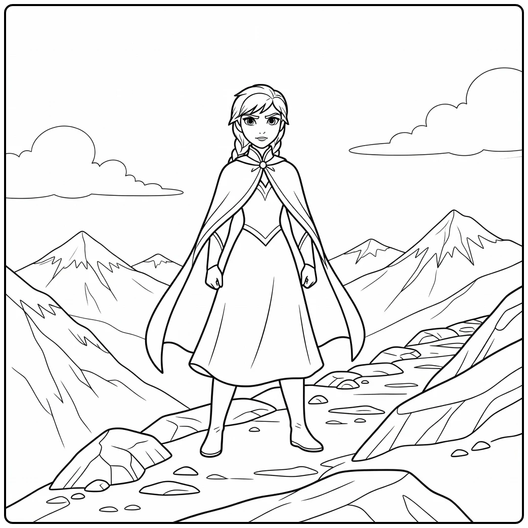 Dappere anna kleurplaat op een bergpad met een warme mantel.