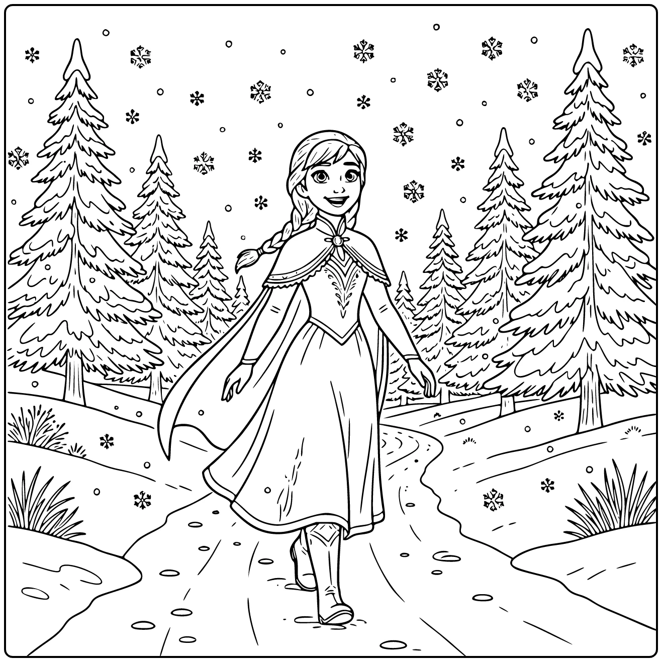 Avontuurlijke anna kleurplaat in het besneeuwde bos