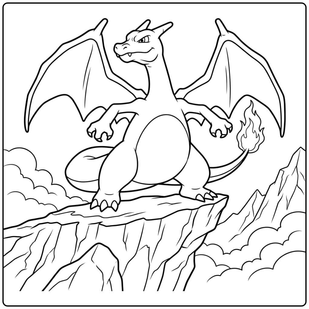 Mooie Charizard kleurplaat op een hoge klif met wolken.