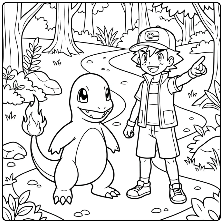 Satoshi en zijn Pokémon op reis: charmander kleurplaat.