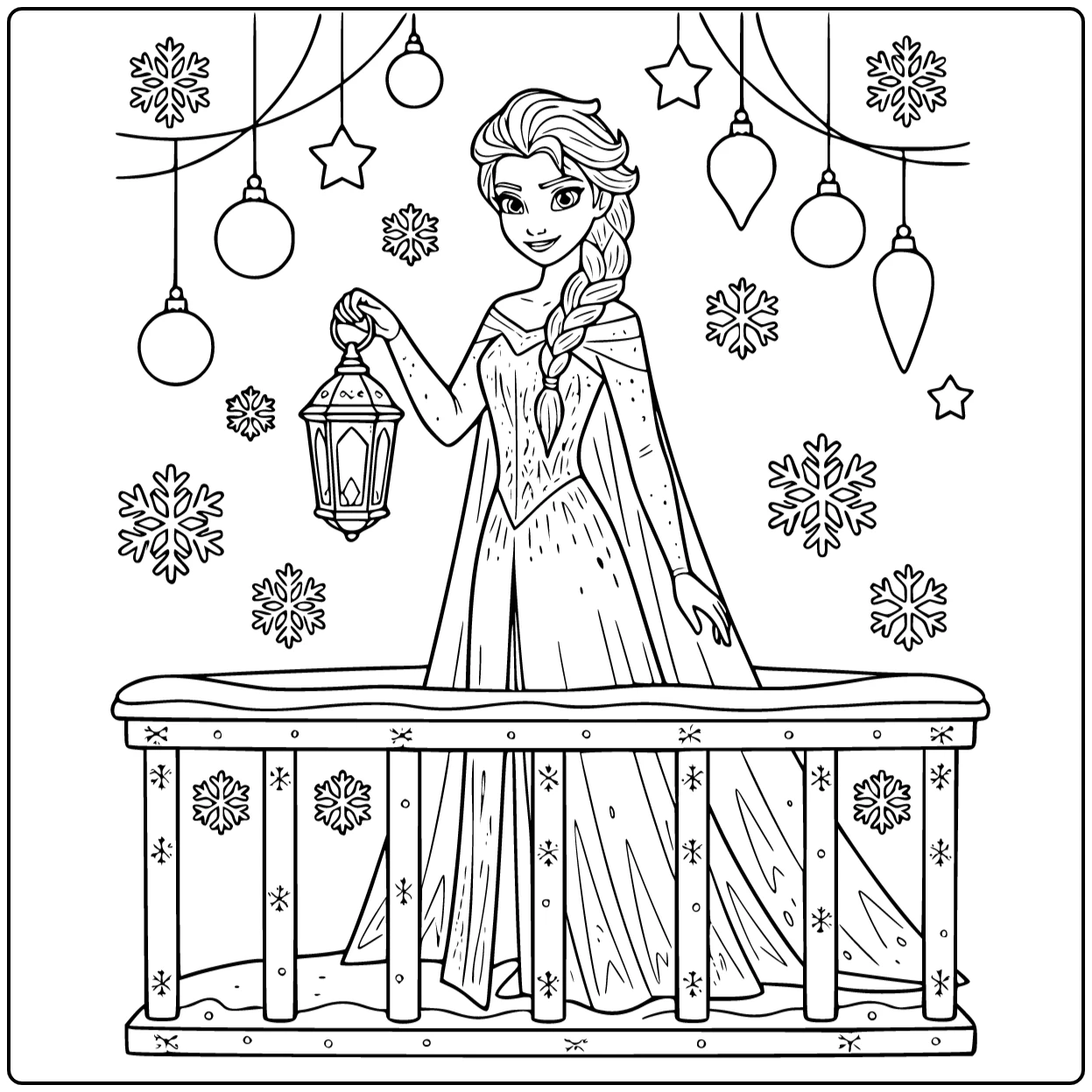 Mooie elsa kerst kleurplaat met een lantaarn op het balkon.