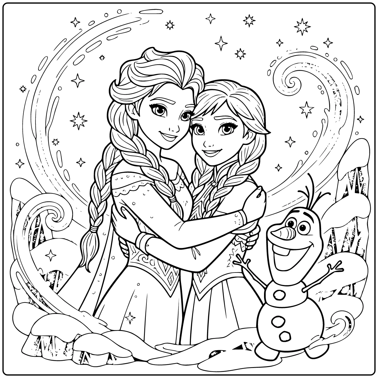 Magische elsa kleurplaat met Anna en een lachende Olaf.