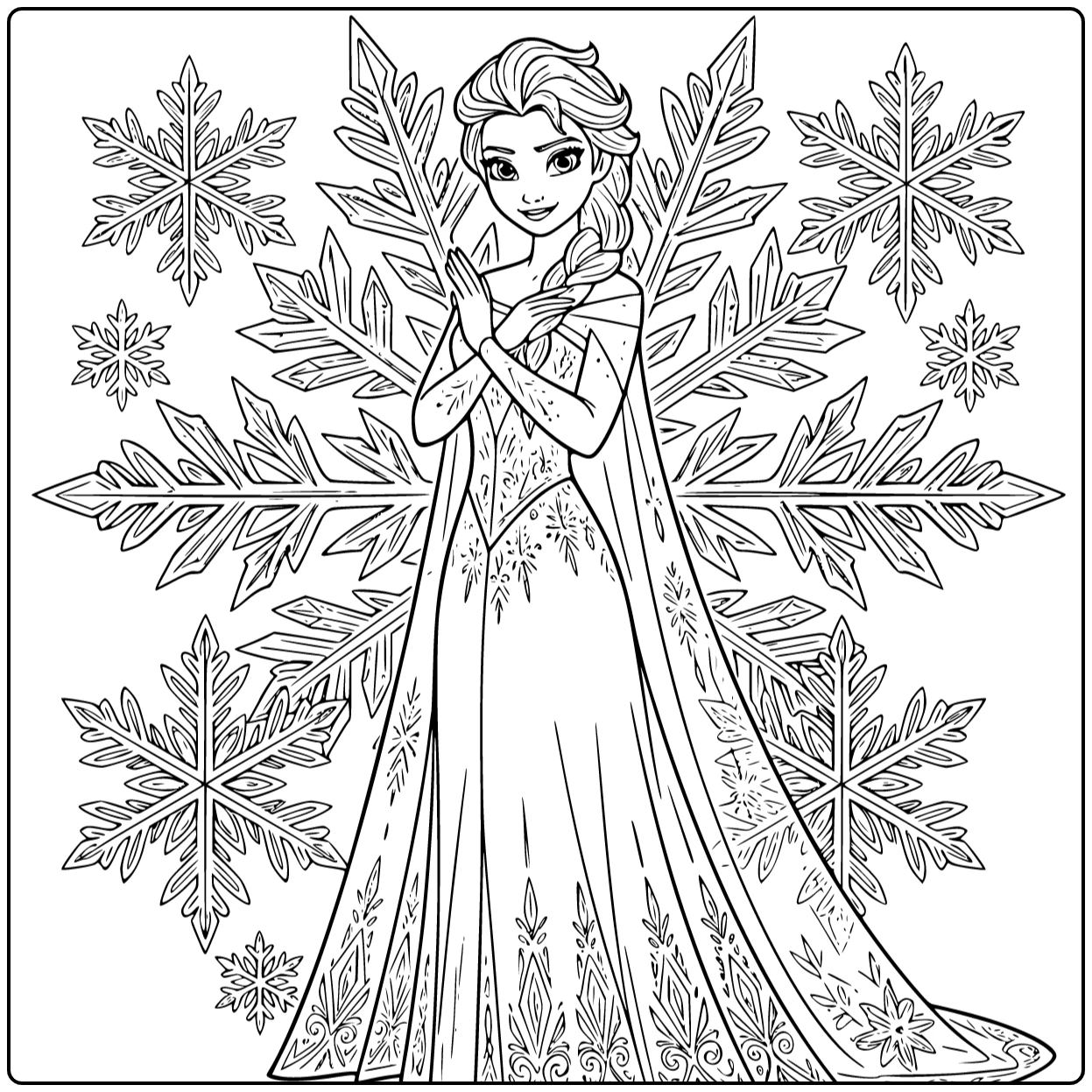 Mooie elsa kleurplaat waar ze in een koninklijke pose staat.
