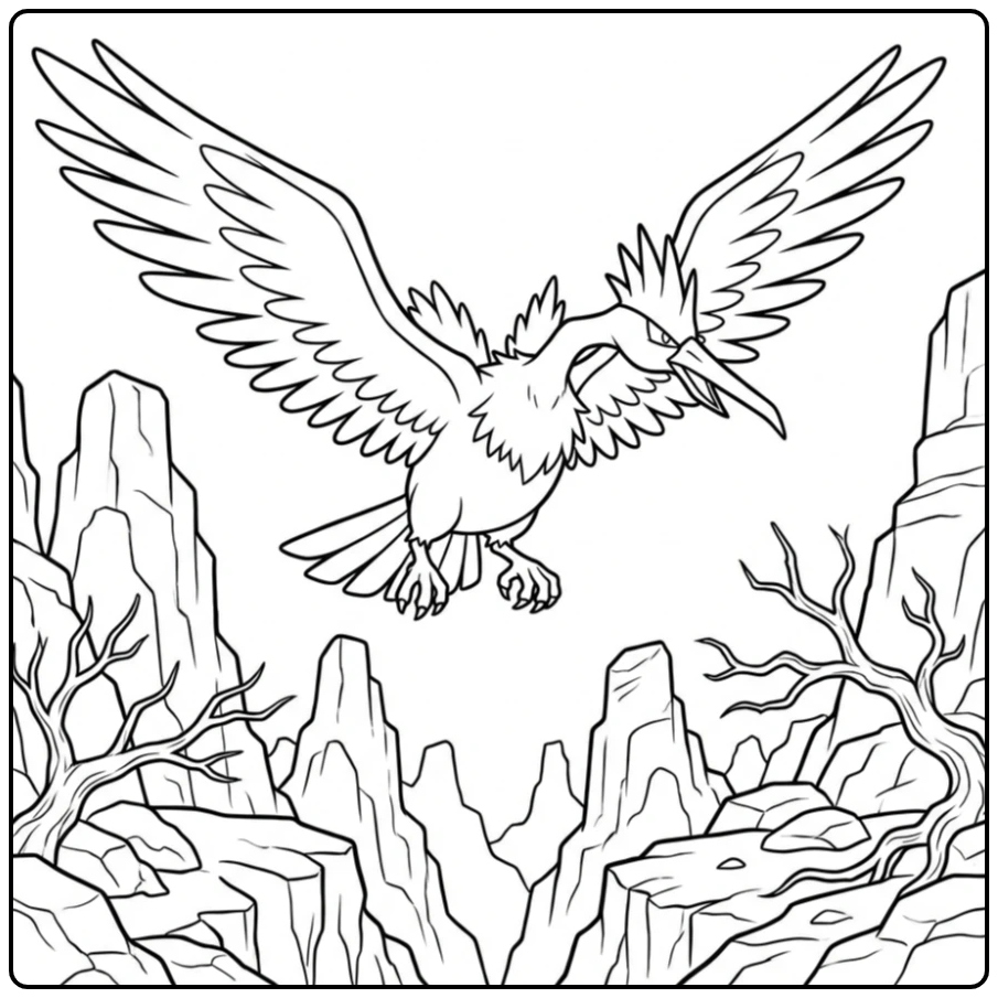 Vliegende Fearow kleurplaat boven een ruige kloof.