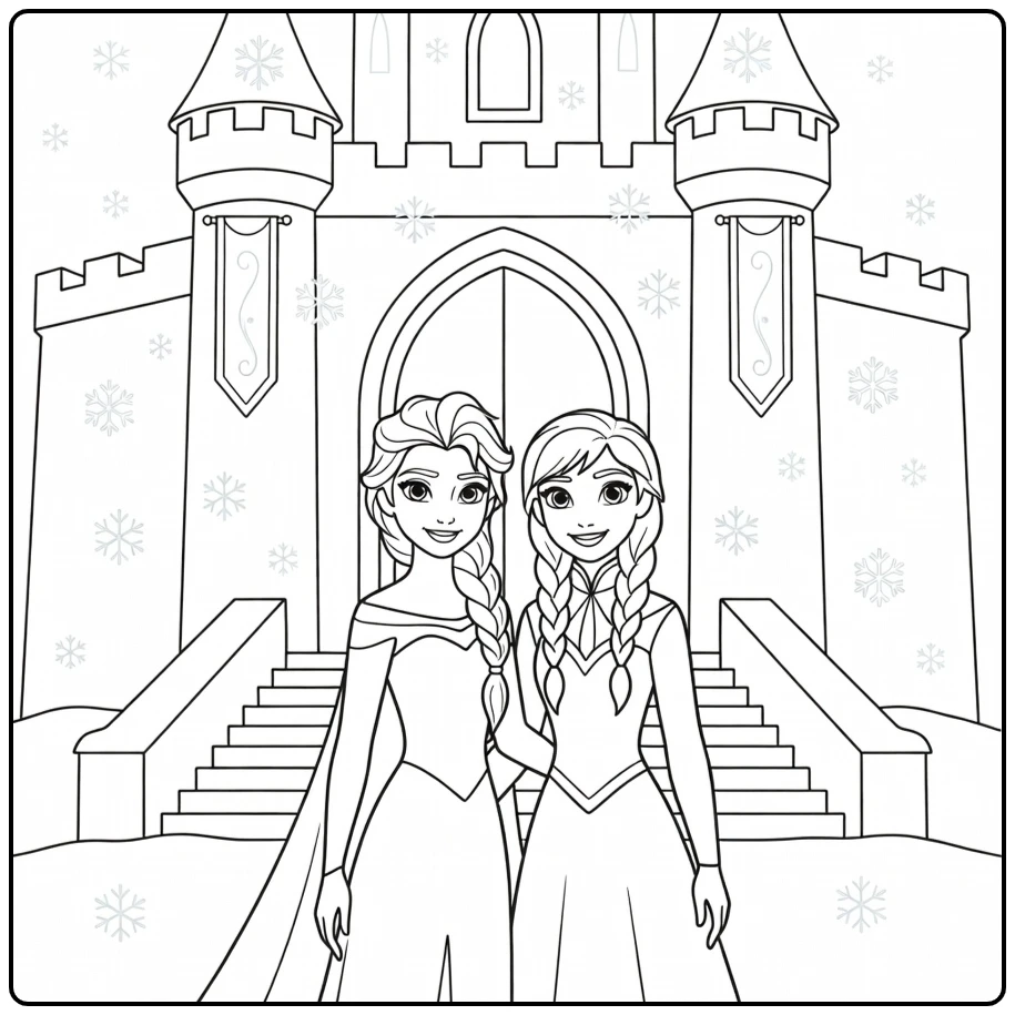 Elsa en Anna voor het kasteel op deze frozen kleurplaat.