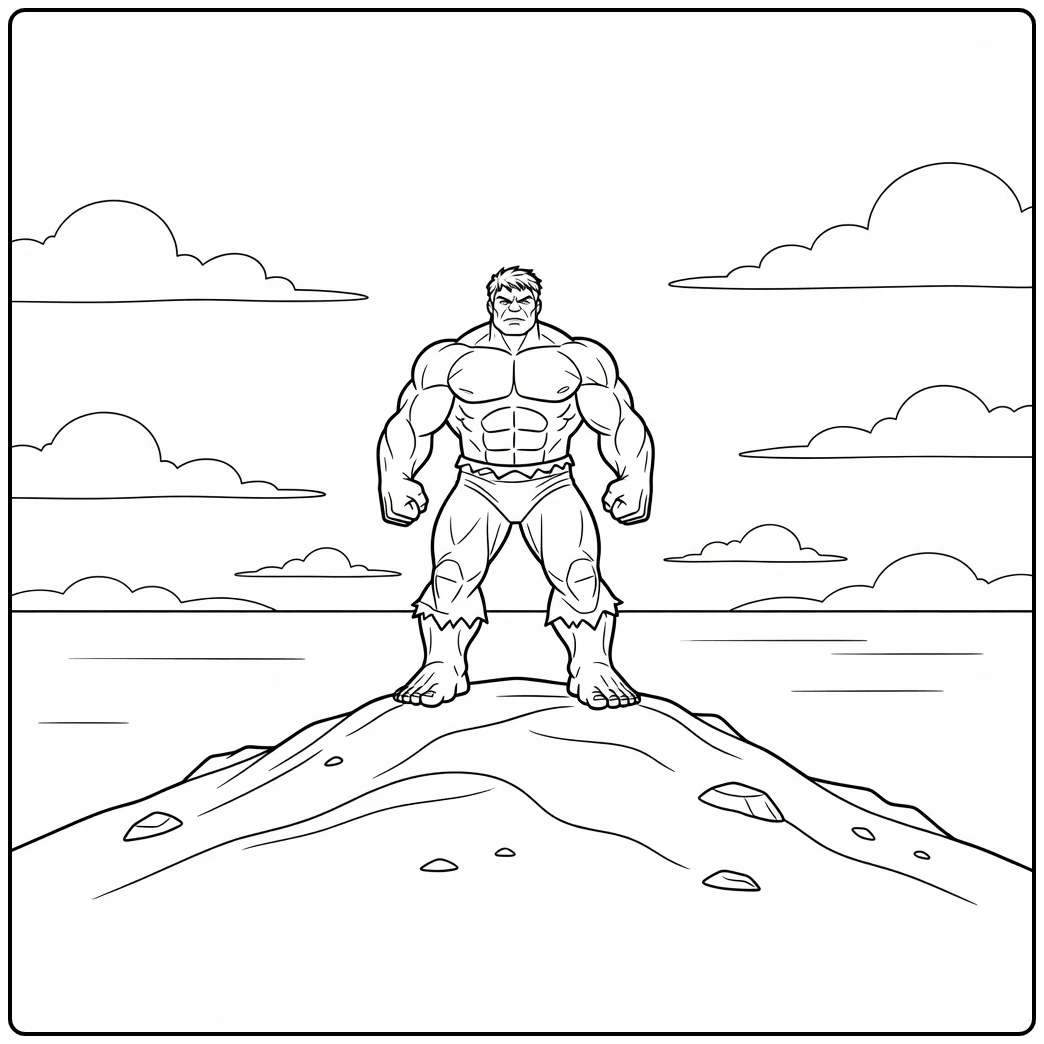 Heroïsche hulk kleurplaat op een heuveltop bij zonsondergang.