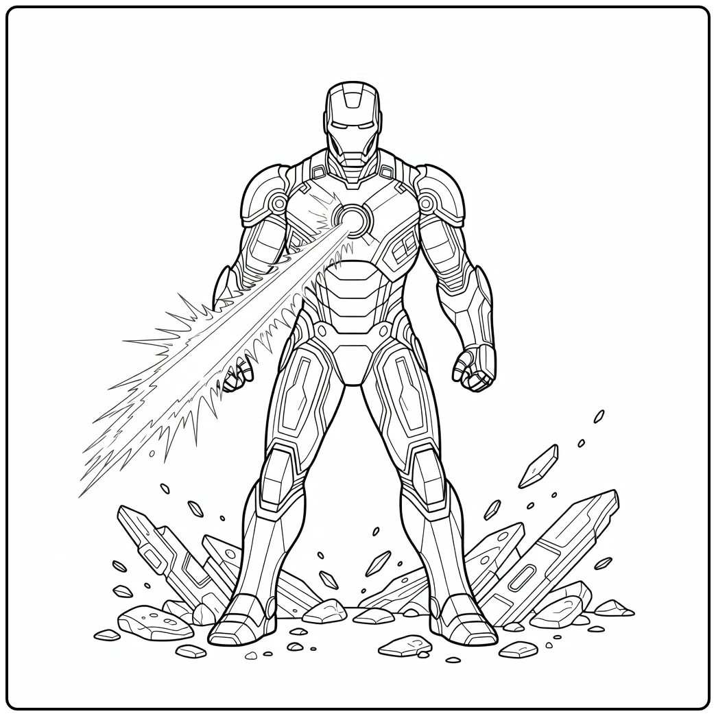Actievolle iron man kleurplaat met een krachtige borststraal.