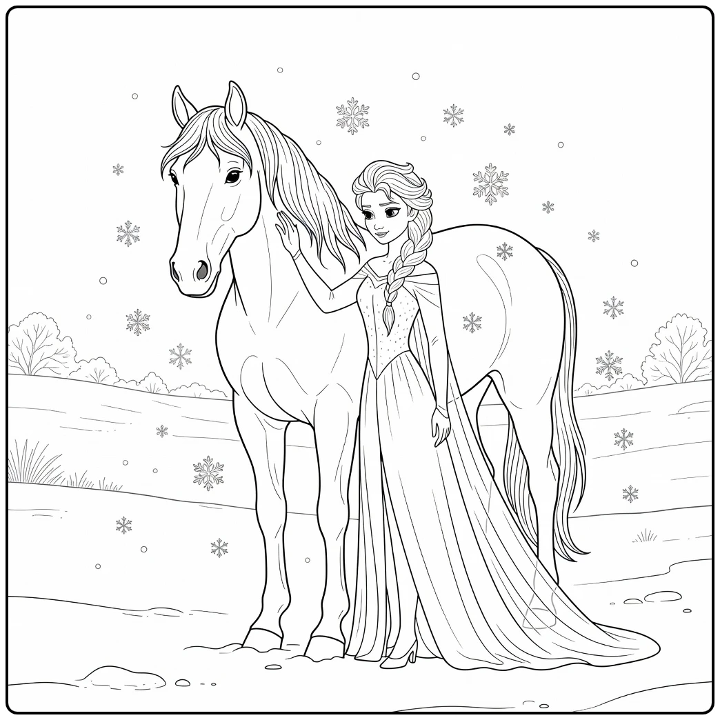 Winterse kleurplaat elsa paard met vallende sneeuw