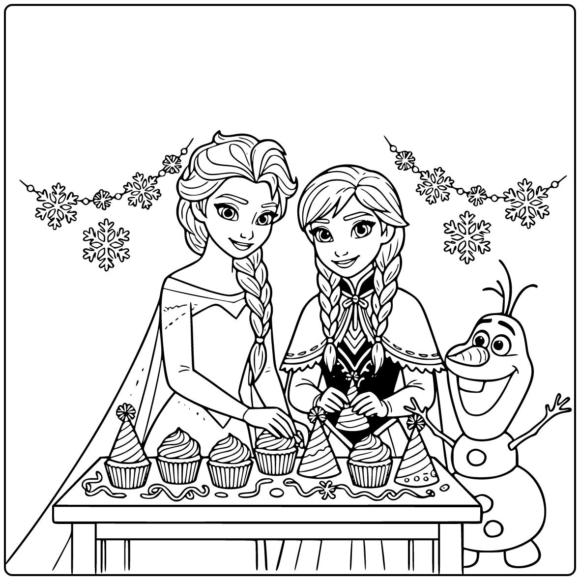 Elsa en Anna aan tafel in deze kleurplaat frozen verjaardag.